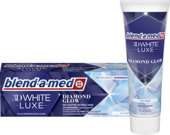 Blend-a-med 3DWhite Luxe Diamond Glow pasta do zębów: biała tuba stojąca, pudełko leżące przed nią.