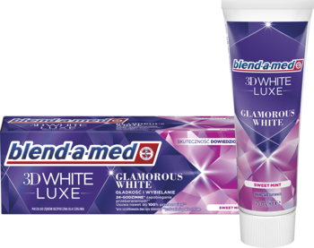 Blend-a-med 3DWhite Luxe Glamorous White: biało-fioletowe opakowanie i tuba wybielającej pasty do zębów.
