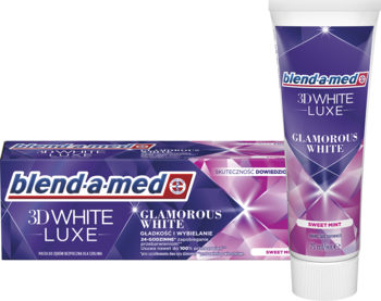 Blend-a-med 3DWhite Luxe Glamorous White: biało-fioletowe opakowanie i tuba wybielającej pasty do zębów.