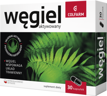 Colfarm Węgiel Aktywowany 30 kapsułek, białe pudełko z zieloną paprocią, suplement diety na trawienie.