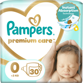 Pampers Premium Care pieluchy dla noworodków rozmiar 0 (<3kg), 30 sztuk. Niebieskie opakowanie, widok z przodu.