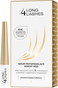Long4Lashes serum przyspieszające wzrost rzęs: biała butelka ze złotym akcentem, obok biało-złotego opakowania.