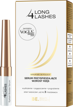 4 Long Lashes Eyelash Booster Serum: biała tubka i kartonik ze złotymi akcentami, nagroda Vogue, widok z przodu.