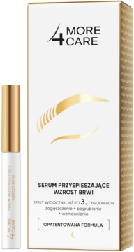 Serum do brwi 4 MORE CARE przyspieszające wzrost, w biało-złotej tubce i kartoniku, ujęcie przodem.