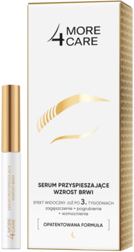 Serum do brwi 4 MORE CARE przyspieszające wzrost, w biało-złotej tubce i kartoniku, ujęcie przodem.