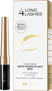 4 LASHES Iconic Brow Serum zagęszczające brwi w złoto-czarnej butelce i białym pudełku, widok z przodu.