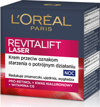 Krem L'Oréal Paris Revitalift Laser, potrójne działanie, na noc, w ciemnoniebieskim pudełku, pod kątem.