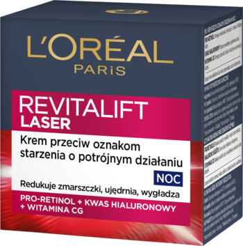 L'Oréal Revitalift Laser krem na noc w ciemnym pudełku z różowym paskiem, z pro-retinolem i kwasem hialuronowym.