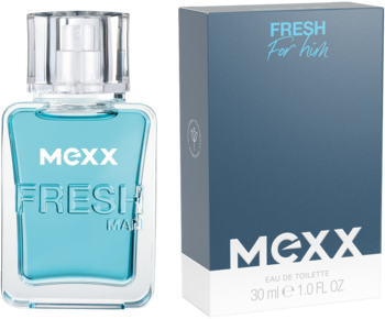 Woda toaletowa MEXX Fresh For Him w turkusowej butelce i szaro-niebieskim pudełku, widok pod kątem.