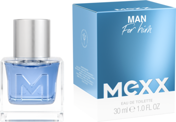 Woda toaletowa Mexx Man w prostokątnej, błękitnej butelce z srebrną nakrętką i pudełkiem, widok przód.