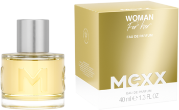 Mexx Woman Eau de Parfum: szklany flakon 40ml ze złotym płynem i wytłoczonym M, obok złote pudełko "WOMAN For her".