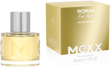 Mexx Woman Eau de Parfum: szklany flakon 40ml ze złotym płynem i wytłoczonym M, obok złote pudełko "WOMAN For her".