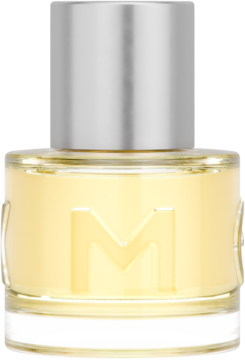 Mexx Woman Eau de Toilette w przezroczystym flakonie z żółtym płynem, srebrną nakrętką i logo "M".