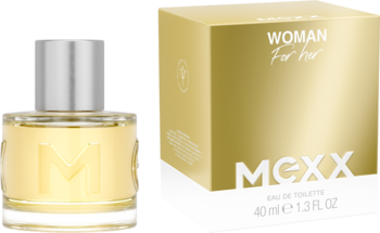 Mexx Woman Eau de Toilette 40ml: przezroczysty flakon z żółtym płynem i srebrną nakrętką, obok złote pudełko.