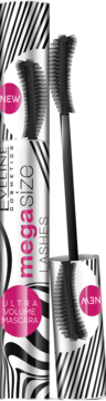 Eveline Mega Size Lashes: tusz Ultra Volume w zebrowej tubie, różowe napisy, widoczna silikonowa szczoteczka.