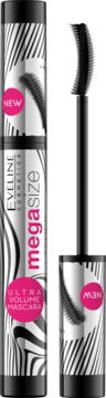 Eveline Megasize Ultra Volume Mascara z etykietą 'NEW', srebrno-czarna tuba, obok otwarta szczoteczka.