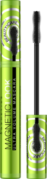 Lime zielona mascara MAGNETIC LOOK ULTRA VOLUME z otwartym aplikatorem. Widoczny napis BEAUTY & CARE.