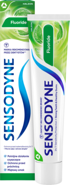 Pasta Sensodyne Fluoride w białej tubce i zielonym pudełku z liśćmi, widok z przodu, miętowy smak.