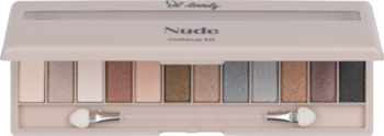 Otwarta paleta cieni Nude, 12 naturalnych odcieni beżu, brązu i szarości, z dwoma aplikatorami.