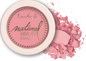 Lovely Natural Beauty róż mineralny do policzków, różowy, w okrągłym kompakcie, obok rozsypany puder. Z góry.