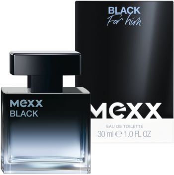 Mexx Black woda toaletowa dla niego. Prostokątna butelka z niebieskim gradientem, czarna nakrętka i pudełko.