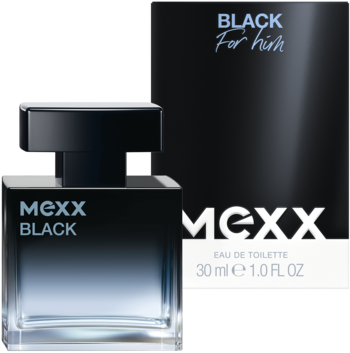 Mexx Black woda toaletowa dla niego. Prostokątna butelka z niebieskim gradientem, czarna nakrętka i pudełko.
