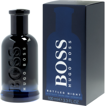 Hugo Boss Bottled Night, ciemna butelka wody toaletowej i pasujące opakowanie kartonowe, widok z przodu, obok siebie.