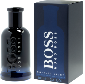 Hugo Boss Bottled Night, ciemna butelka wody toaletowej i pasujące opakowanie kartonowe, widok z przodu, obok siebie.