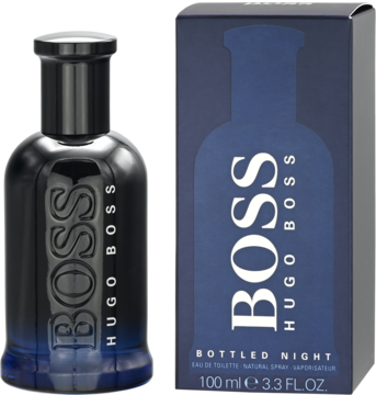 Boss Bottled Night, męska woda toaletowa 100ml, ciemna butelka i opakowanie z logo BOSS, przód.
