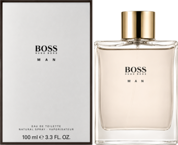 Hugo Boss Man woda toaletowa w szklanej butelce ze złotą nakrętką i białym kartoniku, widok z przodu.