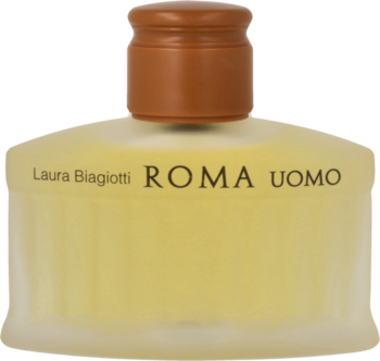 Męskie perfumy Laura Biagiotti ROMA Uomo w matowej, bursztynowej butelce z brązową nakrętką, widok z przodu.