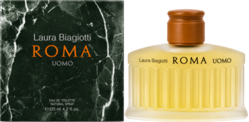 Laura Biagiotti Roma Uomo EDT. Męskie perfumy w zielonym, marmurowym pudełku i żółtej, ryflowanej butelce z brązową zakrętką.