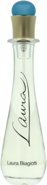 Laura Biagiotti Laura woda toaletowa w przezroczystej butelce. Widok z przodu, z niebiesko-złotą zakrętką i napisem 'Laura'.