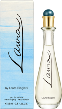 Laura Biagiotti Laura eau de toilette: butelka z eleganckim napisem i pudełko z błękitnym tłem obok siebie.