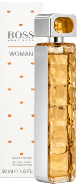 Hugo Boss Woman EDT, butelka z bursztynowym płynem, fasetowaną teksturą, obok białego opakowania z logo.