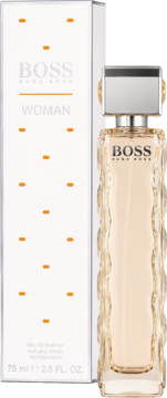 Hugo Woman, kwiatowo-owocowe perfumy dla kobiet, białe pudełko i szklana butelka z falistą fakturą, widok z przodu.