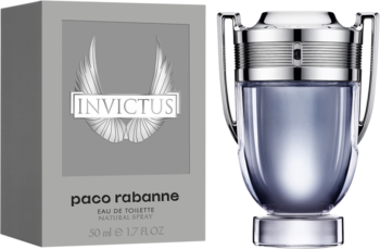 Paco Rabanne Invictus, męska woda toaletowa, szare opakowanie i butelka w kształcie trofeum, widok z przodu.