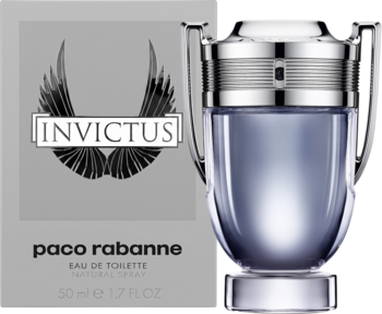 Paco Rabanne Invictus męska woda toaletowa, flakon-trofeum srebrno-błękitny, szare pudełko z logo. Widok z przodu.