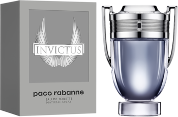 Paco Rabanne Invictus męska woda toaletowa w butelce-pucharze i szarym opakowaniu, widok z przodu.