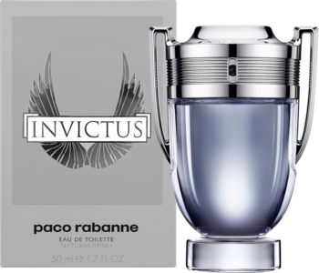 Paco Rabanne Invictus męska woda toaletowa, butelka w kształcie pucharu obok szarego pudełka z logo.