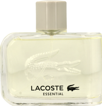 Lacoste Essential woda toaletowa dla mężczyzn, przezroczysta butelka z beżowym korkiem, wytłoczone logo krokodyla.