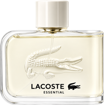 Lacoste Essential woda toaletowa dla mężczyzn, prostokątna butelka z białym logo krokodyla. Widok z przodu.