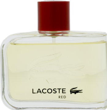 Lacoste Red woda toaletowa dla mężczyzn, prostokątna szklana butelka z czerwoną nakrętką, widok z przodu.