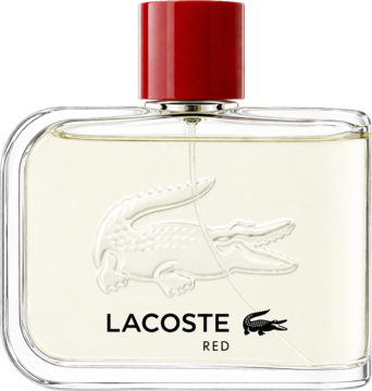 Lacoste Red męska woda toaletowa, prostokątna butelka z białym logo krokodyla i czerwonym korkiem.