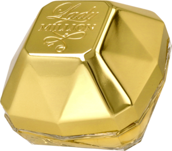 Paco Rabanne Lady Million, złoty flakon perfum o fasetowanym kształcie diamentu, widok z góry, połyskujące wykończenie.