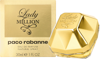Złoty, fasetowany flakon perfum Paco Rabanne Lady Million w kształcie diamentu obok złotego pudełka 30ml, na ciemnym tle.