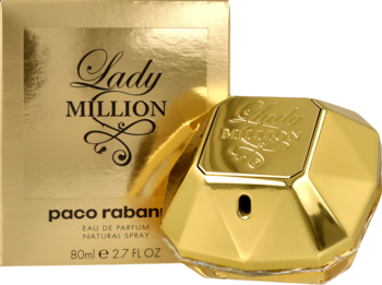 Złoty flakon perfum Paco Rabanne Lady Million w kształcie diamentu obok dopasowanego złotego pudełka. Widok z przodu.