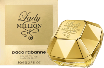 Paco Rabanne Lady Million EDP 80ml, złota butelka w kształcie diamentu obok beżowego pudełka, widok z przodu.