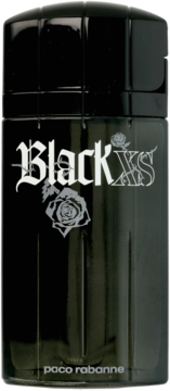 Czarna woda toaletowa Paco Rabanne Black XS dla mężczyzn, widok z przodu, z gotyckim logo i różą.