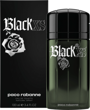 Paco Rabanne Black XS, drzewno-orientalna woda toaletowa, butelka i czarne pudełko z logo róży na ciemnym tle.